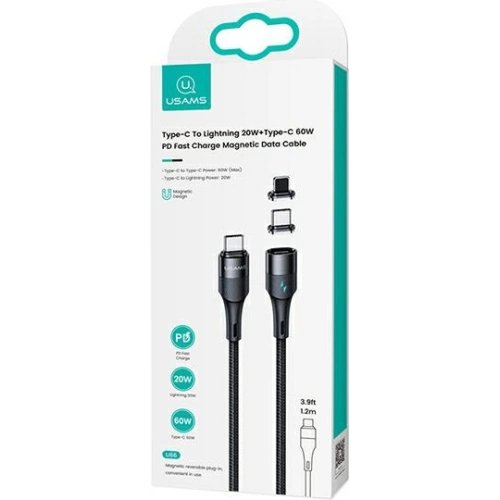 Kabel magnetyczny USAMS U66 USB-C na USB-C/ lightning 60W PD Fast Charge 1.2m pleciony czarny/black SJ495USB01