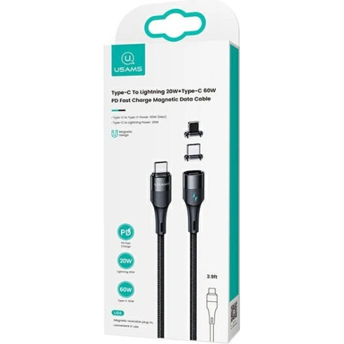 Kabel magnetyczny USAMS U66 USB-C na USB-C/ lightning 60W PD Fast Charge 2.0m pleciony czarny/black SJ507USBXX01