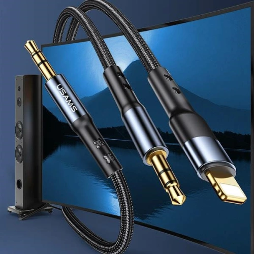 Kabel pleciony USAMS 2w1 1,2m Fast Charge (Lightning/Jack 3,5mm na Jack 3,5mm) SJ554YP01