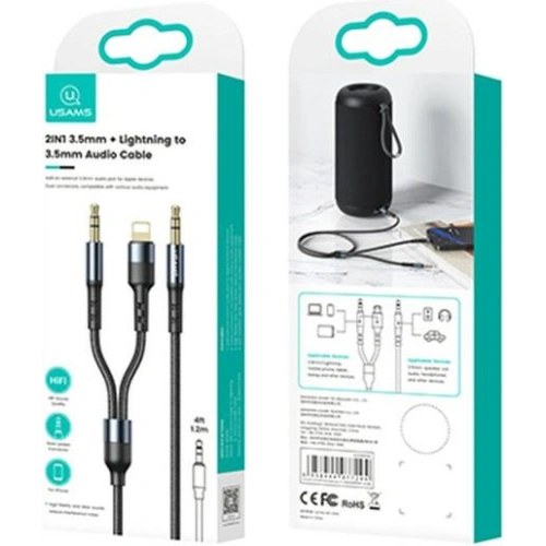 Kabel pleciony USAMS 2w1 1,2m Fast Charge (Lightning/Jack 3,5mm na Jack 3,5mm) SJ554YP01