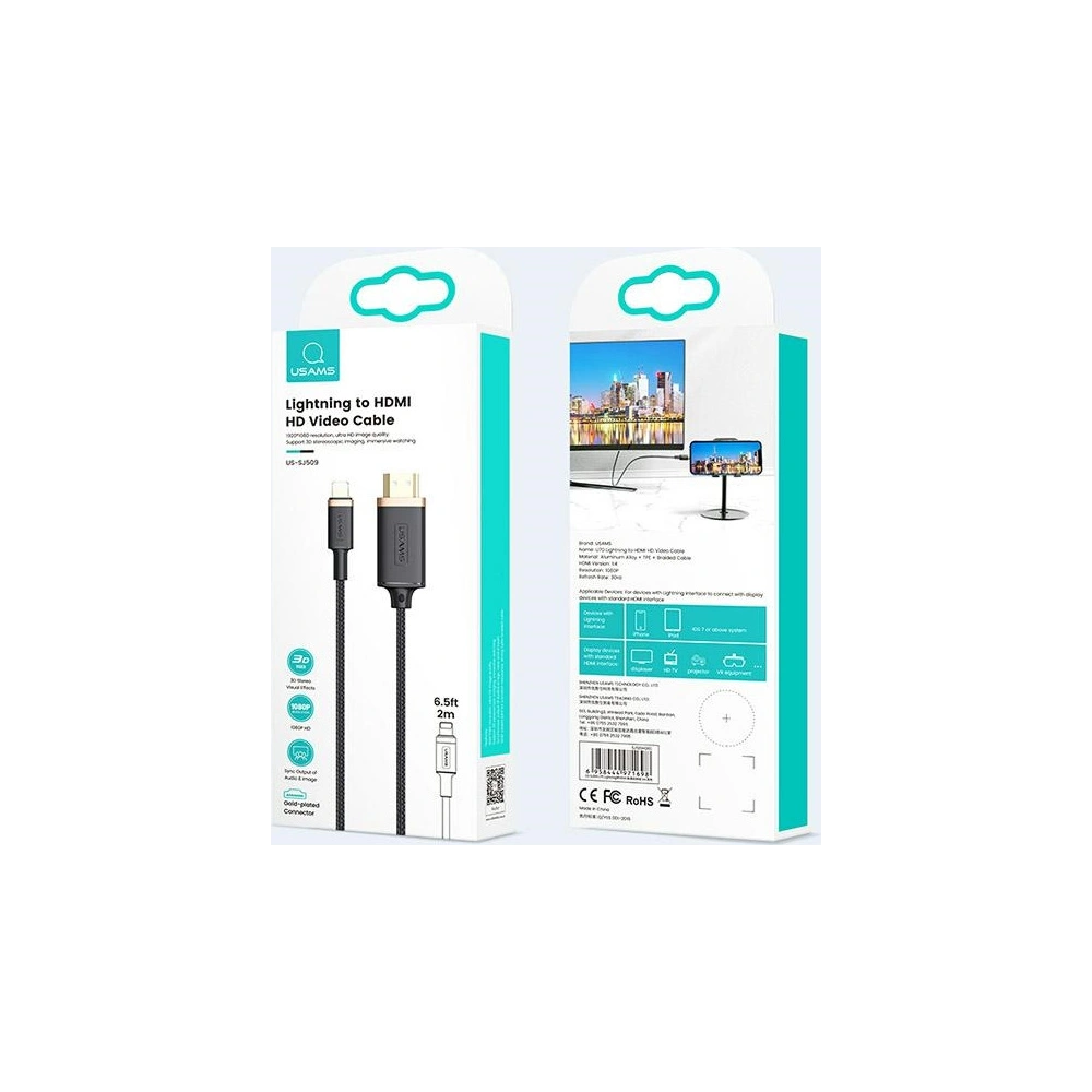 Kabel pletený USAMS Lightning - HDMI U70 2.0m černý/black SJ509HD01