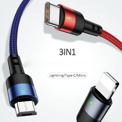 Kabel pleciony USAMS U26 3w1 0.35m 2A Fast Charge (lightning/microUSB/USB-C) SJ410USB01