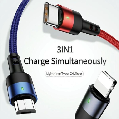 Kabel pleciony USAMS U26 3w1 1,5m 2A Fast Charge (lightning/microUSB/USB-C) SJ318USB01