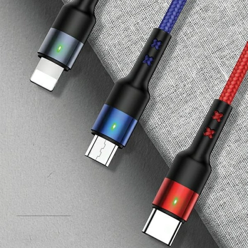 Kabel pleciony USAMS U26 3w1 1,5m 2A Fast Charge (lightning/microUSB/USB-C) SJ318USB01