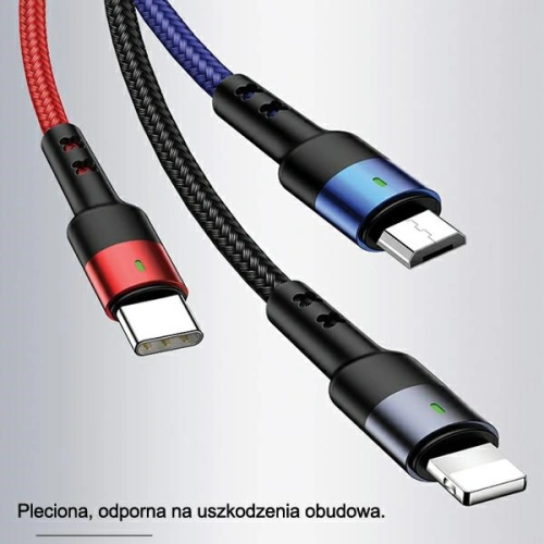 Kabel pleciony USAMS U26 3w1 1,5m 2A Fast Charge (lightning/microUSB/USB-C) SJ318USB01