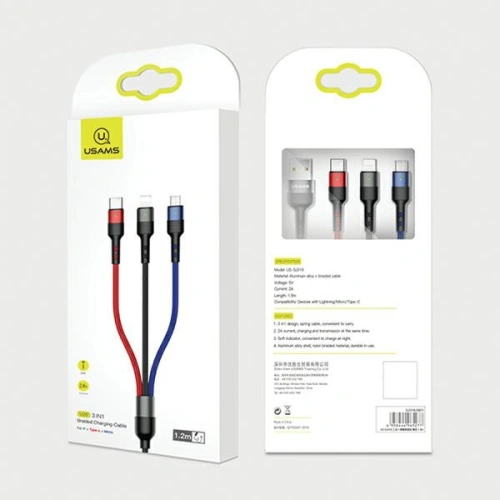 Kabel pleciony USAMS U26 3w1 1,5m 2A Fast Charge (lightning/microUSB/USB-C) SJ318USB01