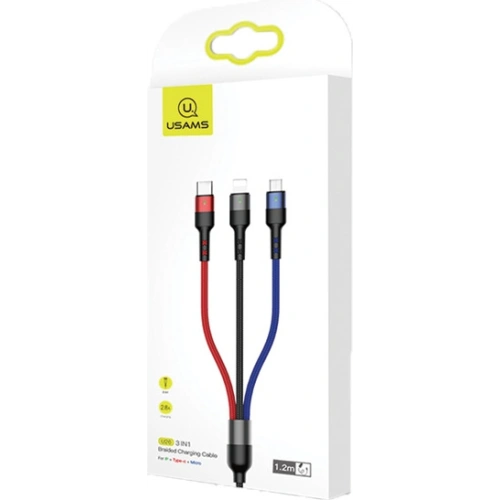 Kabel pleciony USAMS U26 3w1 3m 2A Fast Charge (lightning/microUSB/USB-C) SJ412USB01