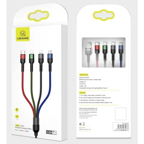 Kabel pleciony USAMS U26 4w1 0.35m 2A Fast Charge (2xlightning/microUSB/USB-C) SJ411USB01