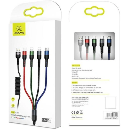 Kabel pleciony USAMS U26 4w1 1.5m 2A Fast Charge Springs (2xlightning/microUSB/USB-C) SJ349USB01