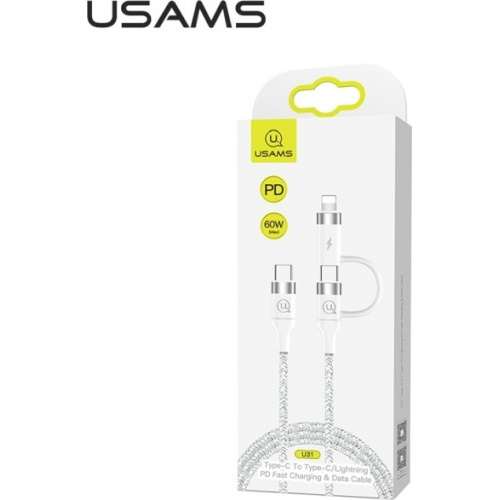Usams Distributor - 6958444984599 - USA280WHT - USAMS Nylon Cable U31 USB-C - USB-C/Lightning 60W PD Fast Charge white SJ403USB02 (US-SJ403) - B2B homescreen