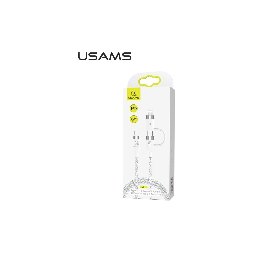 Hurtownia GSM - Kabel pletený USAMS U31 USB-C na USB-C/lightning 60W PD Fast Charge bílý SJ403USB02 - USA280WHT - {ean13} - Hurt