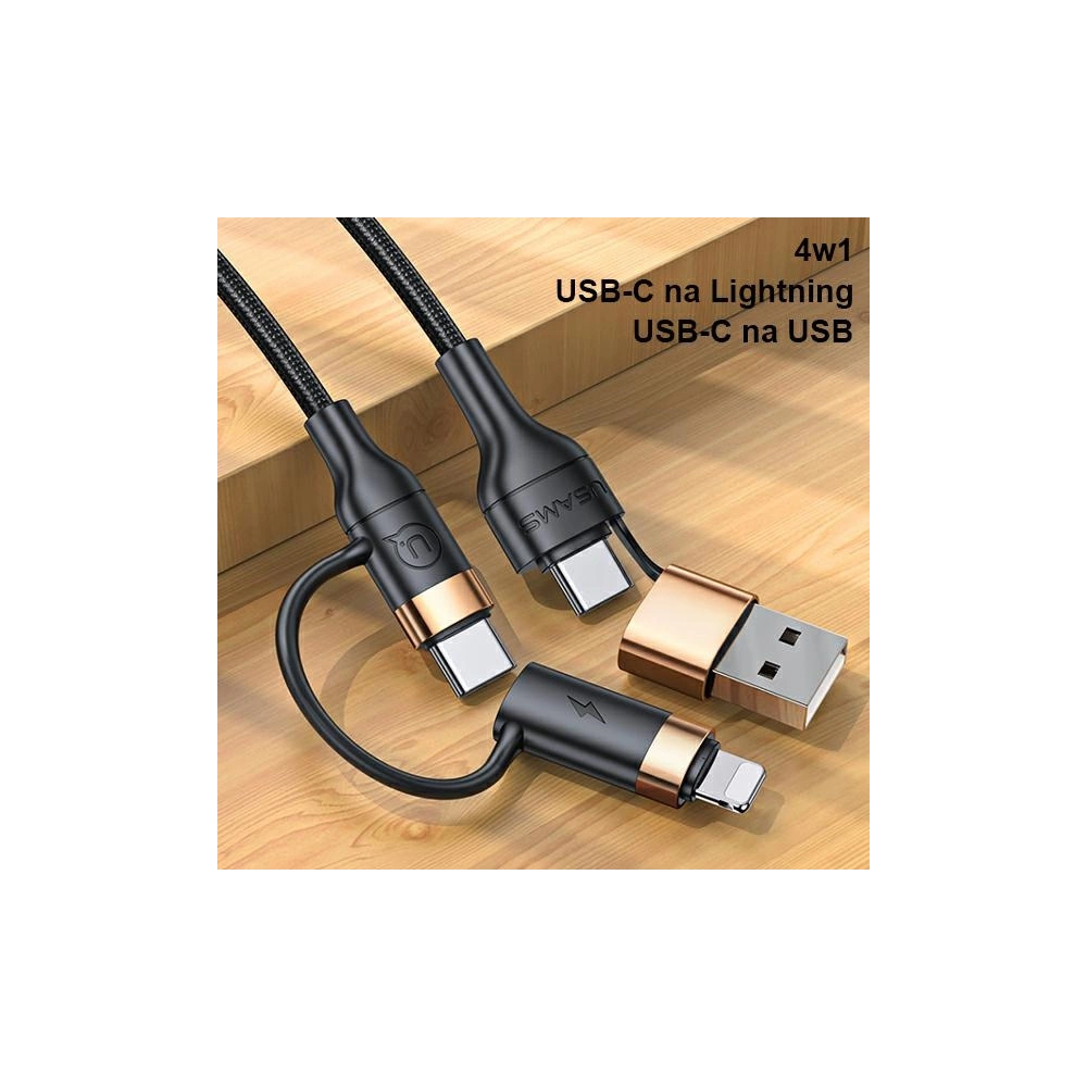 Hurtownia GSM - Kabel pletený USAMS U62 2xUSB-C/USB-A/lightning 1,2m PD Fast Charge černý/black SJ483USB01 - USA328BLK - {ean13} - Hurt