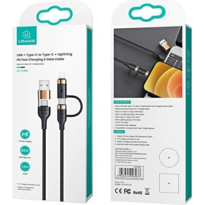 Wholesale USAMS Nylon Cable U62 2xUSB-C/USB-A /Lightning 1,2m PD Fast Charge black SJ483USB01 (US-SJ483) - USA328BLK - {ean13} - Hurt