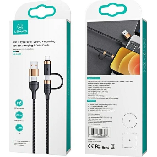 Kabel pleciony USAMS U62 2xUSB-C/USB-A /lightning 1,2m PD Fast Charge czarny/black SJ483USB01
