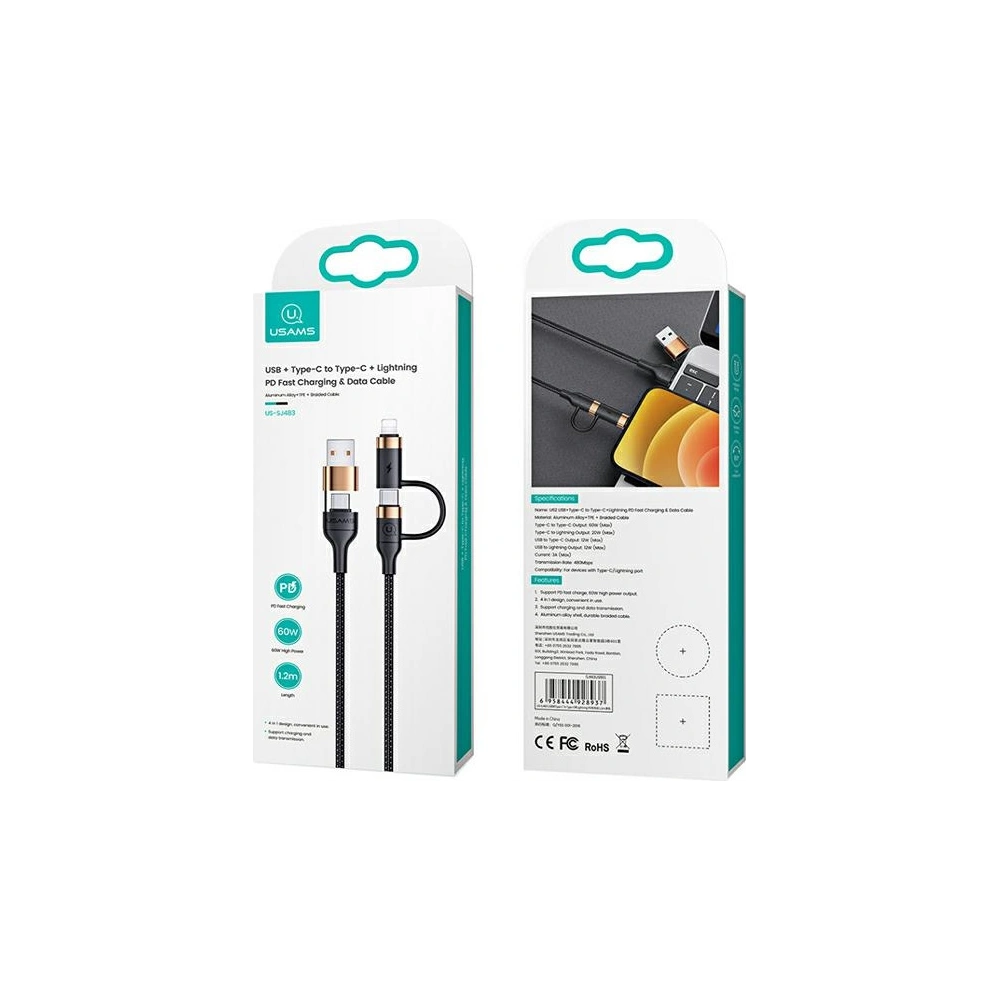 Hurtownia GSM - Kabel pletený USAMS U62 2xUSB-C/USB-A/lightning 1,2m PD Fast Charge černý/black SJ483USB01 - USA328BLK - {ean13} - Hurt