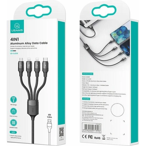 Kabel pleciony USAMS U73 4w1 1.2m 3A Fast Charge (2xlightning/microUSB/USB-C) SJ516USB01