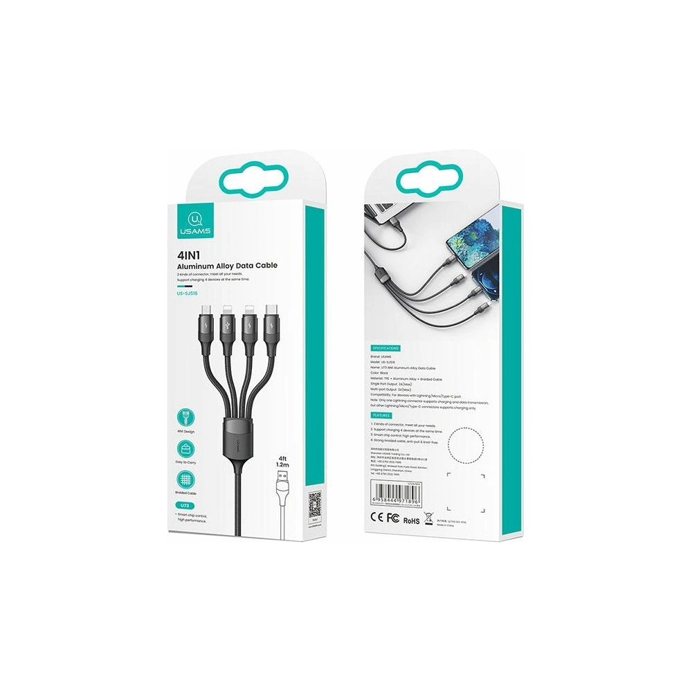 Hurtownia GSM - Kabel pletený USAMS U73 4w1 1.2m 3A Rychlé nabíjení (2xlightning/microUSB/USB-C) SJ516USB01 - USA329 - {ean13} - Hurt