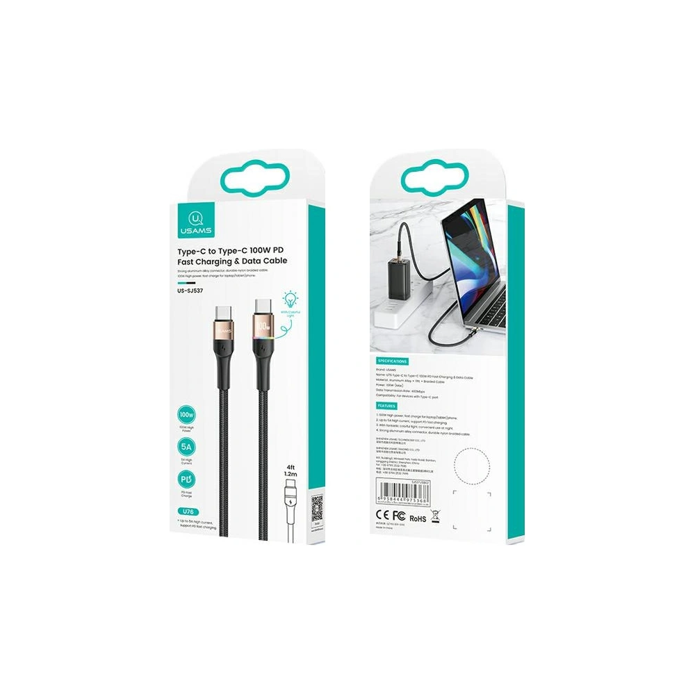 Hurtownia GSM - Kabel pleciony USAMS U76 USB-C na USB-C 100W PD Fast Charging 1.2m czarny/black SJ537USB01 - USA330BLK - {ean13} - Hurt