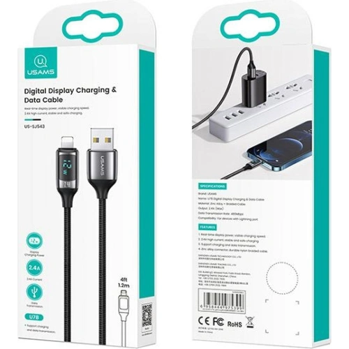 Kabel pleciony USAMS U78 lightning 1.2m LED 2.4A Fast Charging czarny/black SJ543USB01