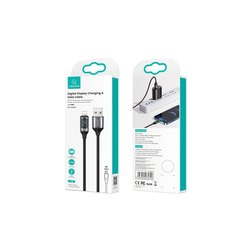 Wholesale USAMS Nylon Cable U78 Lightning 1.2m LED 2.4A Fast Charging silver black SJ543USB02 (US-SJ543) - USA332SLVBLK - {ean13} - Hurt