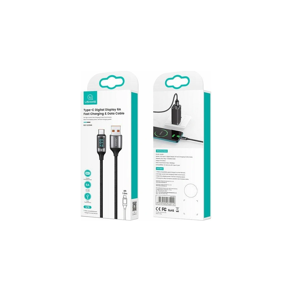Hurtownia GSM - Kabel pletený USAMS U78 USB-C 1.2m LED 6A Rychlé nabíjení bílý/white SJ544USB02 - USA333WHT - {ean13} - Hurt