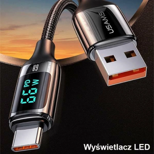 Kabel pleciony USAMS U78 USB-C 1.2m LED 6A Fast Charging czarny/black SJ544USB01