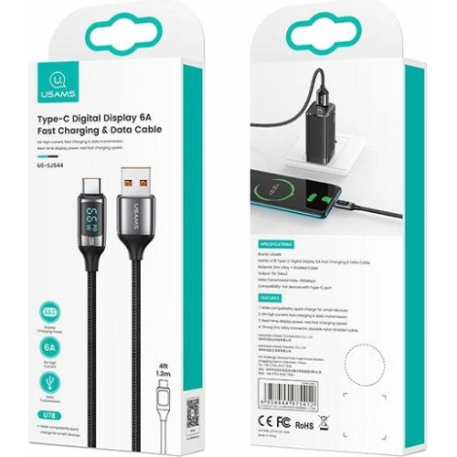 Kabel pleciony USAMS U78 USB-C 1.2m LED 6A Fast Charging czarny/black SJ544USB01