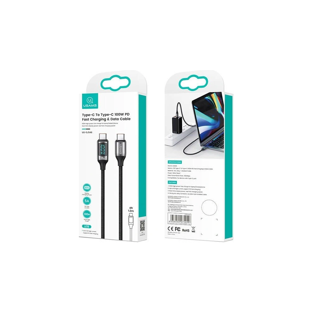 Hurtownia GSM - Kabel pleciony USAMS U78 USB-C na USB-C LED 1.2m 100W Fast Charging biały/white SJ546USB02 - USA335WHT - {ean13} - Hurt