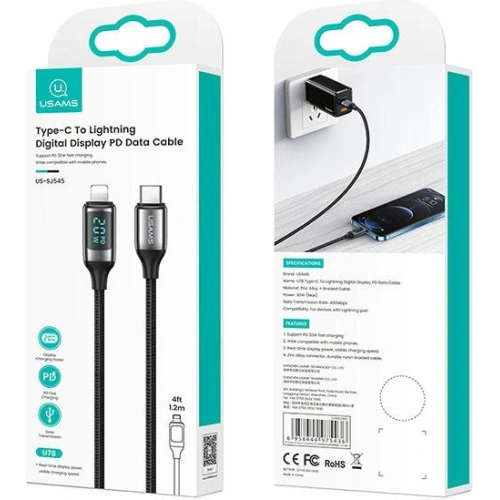 Kabel pleciony USAMS U78 USB-C na Lightning LED 1.2m 20W PD Fast Charge biały/white SJ545USB02