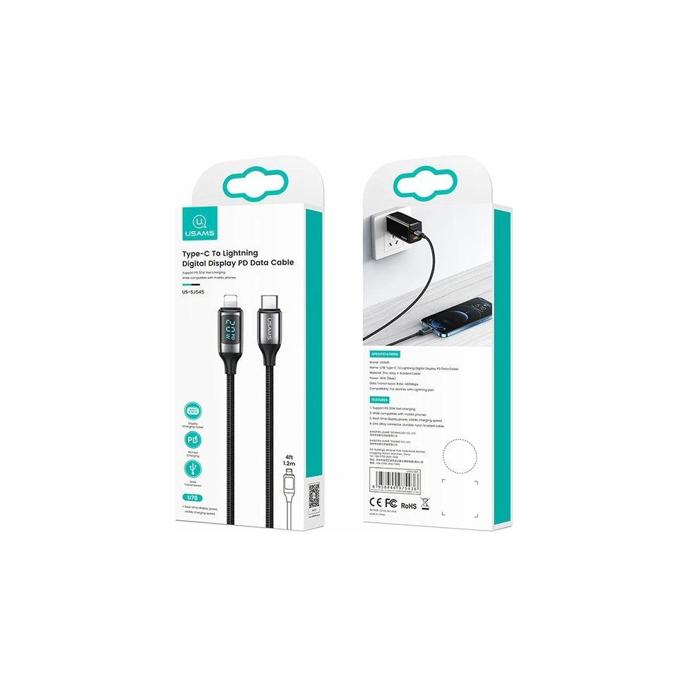 Hurtownia GSM - Kabel pleciony USAMS U78 USB-C na Lightning LED 1.2m 20W PD Fast Charge czarny/black SJ545USB01 - USA338BLK - {ean13} - Hurt