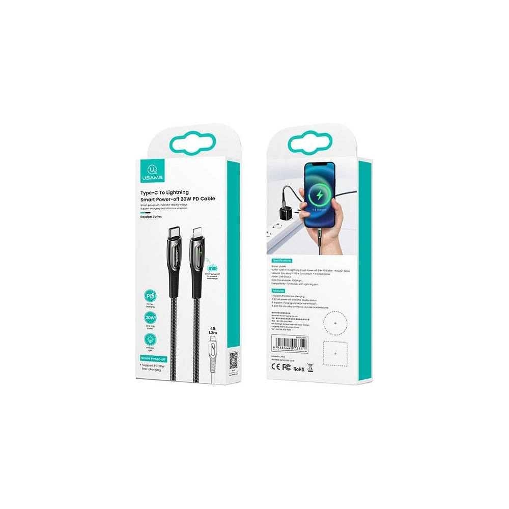 Kabel pletený USAMS USB-C na Lightning Smart Power-off 20W PD Cable 1.2m černý/black SJ518USB01