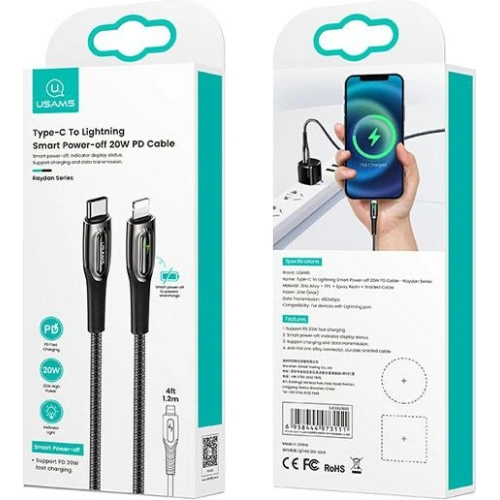 Kabel pleciony USAMS USB-C na Lightning Smart Power-off 20W PD Cable1.2m ciemny zielony/dark green SJ518USB02