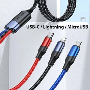 Kabel USAMS U71 3w1 1.2m 3A Fast Charge czarny/black (USB/USB-C na lightning/microUSB/USB-C) SJ549USB01