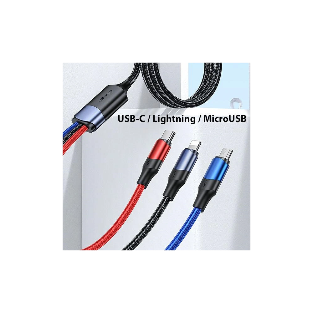 Kabel USAMS U71 3w1 1.2m 3A rychlé nabíjení černý/black (USB/USB-C na lightning/microUSB/USB-C) SJ549USB01