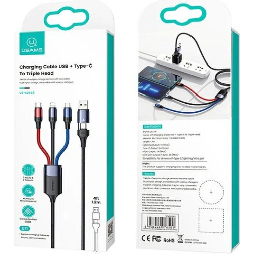 Kabel USAMS U71 3w1 1.2m 3A Fast Charge czarny/black (USB/USB-C na lightning/microUSB/USB-C) SJ549USB01