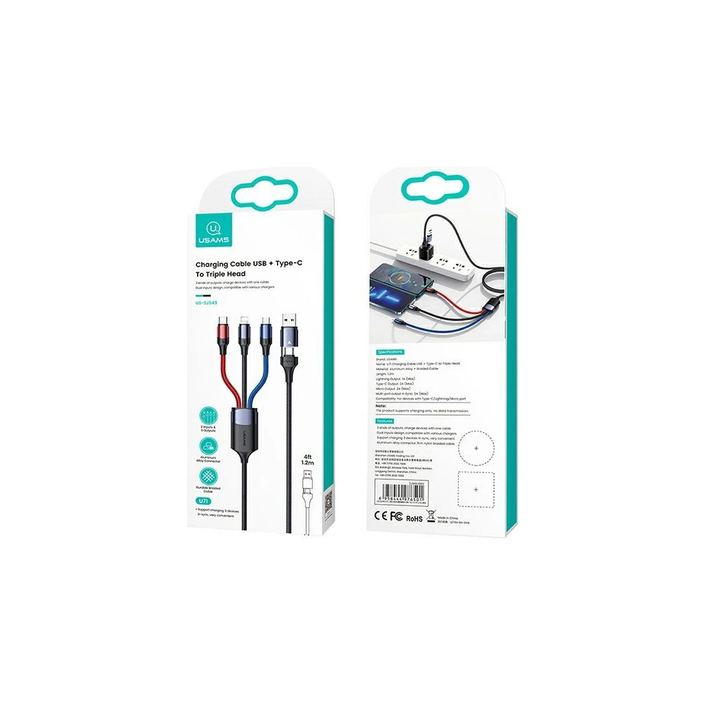 Kabel USAMS U71 3w1 1.2m 3A rychlé nabíjení černý/black (USB/USB-C na lightning/microUSB/USB-C) SJ549USB01