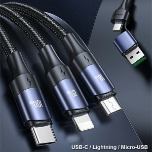 Kabel USAMS U71 3w1 1.2m 6A Fast Charge czarny/black (USB/USB-C na lightning/microUSB/USB-C) SJ511USB01