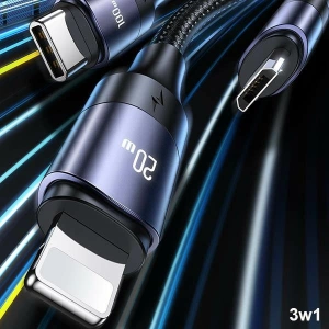 Kabel USAMS U71 3w1 1.2m 6A Fast Charge czarny/black (USB/USB-C na lightning/microUSB/USB-C) SJ511USB01