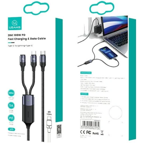 Kabel USAMS U71 USB-C/ Lighning na USB-C 1,2m 100W PD Fast Charge czarny/black SJ550USB01