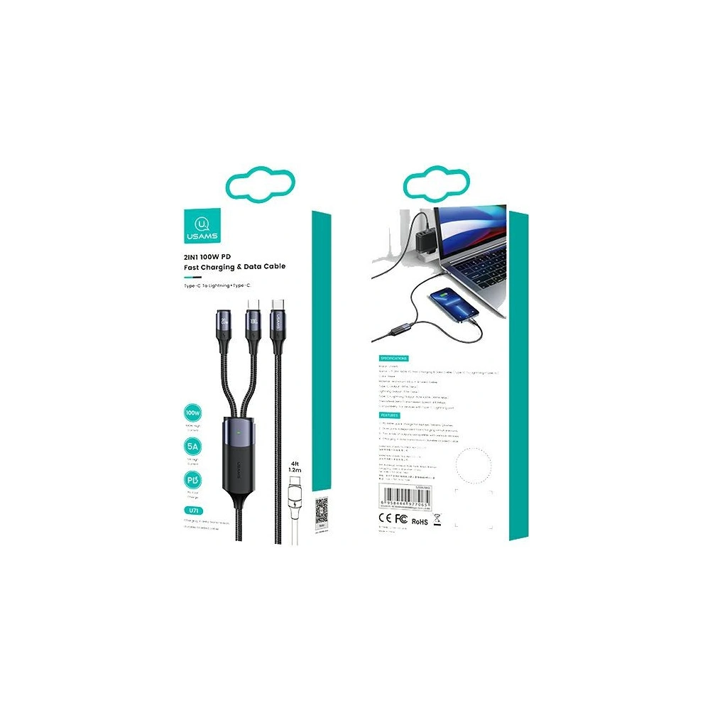 Hurtownia GSM - Kabel USAMS U71 USB-C/Lightning na USB-C 1,2m 100W PD Fast Charge černý/black SJ550USB01 - USA435BLK - {ean13} - Hurt