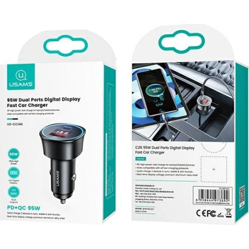 Ładowarka samochodowa USAMS C26 1xUSB+1xUSB-C 95W Fast Charge czarny/black CC146TC01