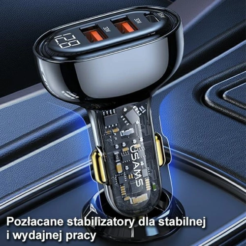 Ładowarka samochodowa USAMS 1xUSB-C 2xUSB-A 125W Fast Charge transparent black CC158CC01