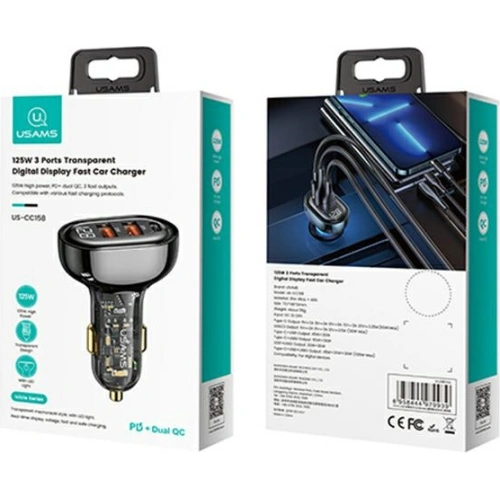 Ładowarka samochodowa USAMS 1xUSB-C 2xUSB-A 125W Fast Charge transparent black CC158CC01