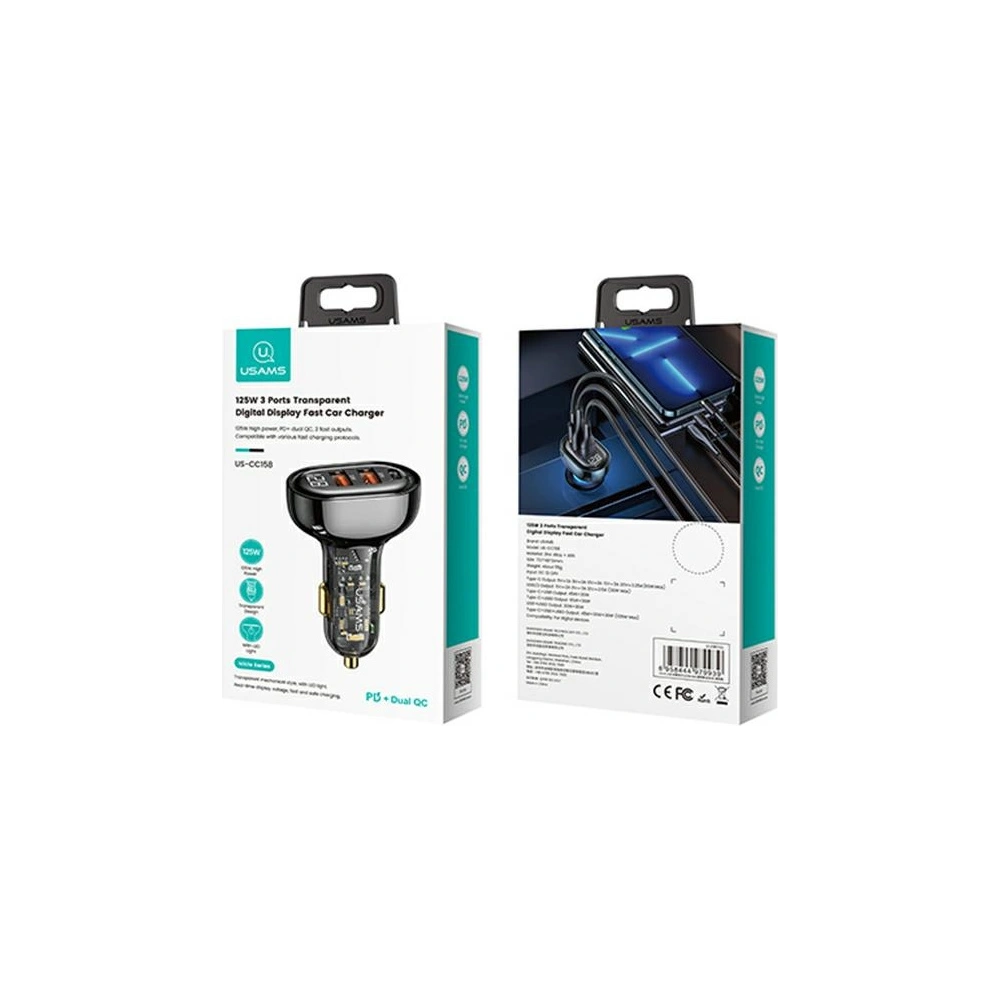 Hurtownia GSM - Automobilová nabíječka USAMS 1xUSB-C 2xUSB-A 125W rychlé nabíjení transparentní černá CC158CC01 - USA486BLK - {ean13} - Hurt