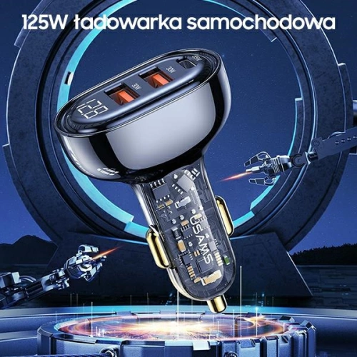 Ładowarka samochodowa USAMS 1xUSB-C 2xUSB-A 125W Fast Charge transparent blue CC158CC02