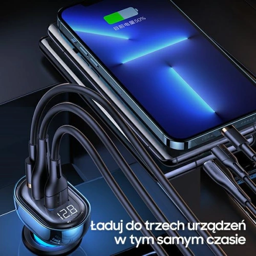 Ładowarka samochodowa USAMS 1xUSB-C 2xUSB-A 125W Fast Charge transparent blue CC158CC02