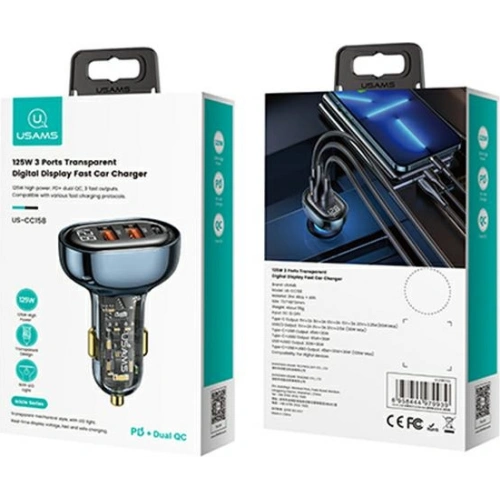 Ładowarka samochodowa USAMS 1xUSB-C 2xUSB-A 125W Fast Charge transparent blue CC158CC02