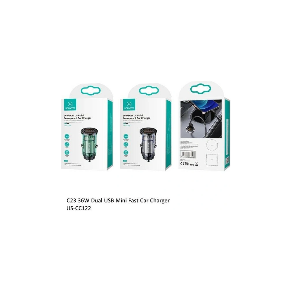 Hurtownia GSM - Autonabíječka USAMS C23 2xUSB 36W Fast Charge transparentní modrá CC122CC02 - USA499BLU - {ean13} - Hurt
