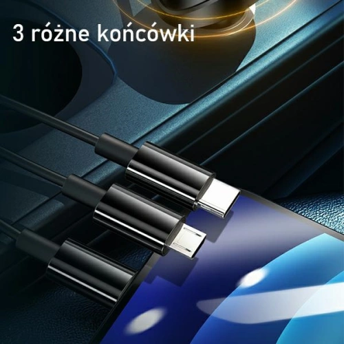 Ładowarka samochodowa USAMS C22 2xUSB+ kable 3w1 (lightning+microUSB+USB-C) czarny/black CC119TC01