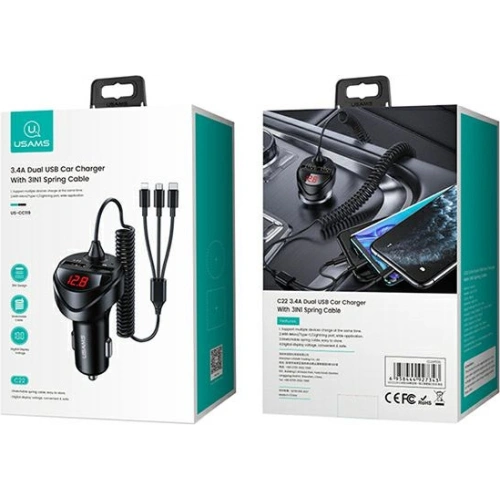 Ładowarka samochodowa USAMS C22 2xUSB+ kable 3w1 (lightning+microUSB+USB-C) czarny/black CC119TC01